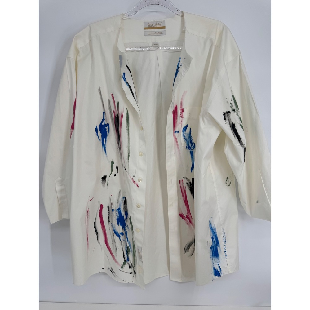 Roundtree & Yorke Gold Label Painted Abstract Cotton Shirt 17.5 33 White Multi